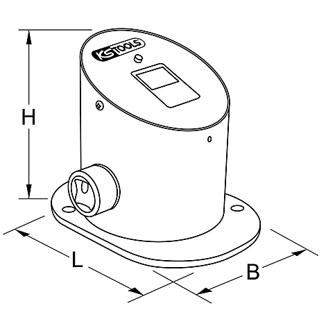 Skizze eines Werkzeugs von KSTOOLS, zylindrisch mit eckigem Display. Auf Sockel montiert, Maße angegeben.